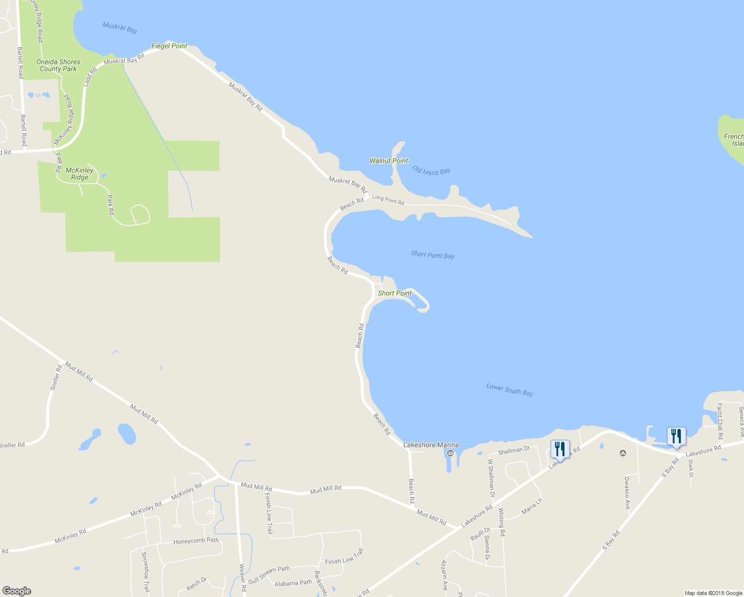 map of restaurants, bars, coffee shops, grocery stores, and more near 9049 Beach Road in Brewerton