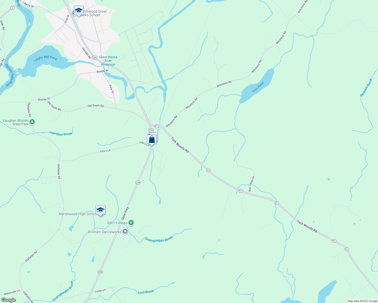 map of restaurants, bars, coffee shops, grocery stores, and more near 43 York Woods Road in South Berwick