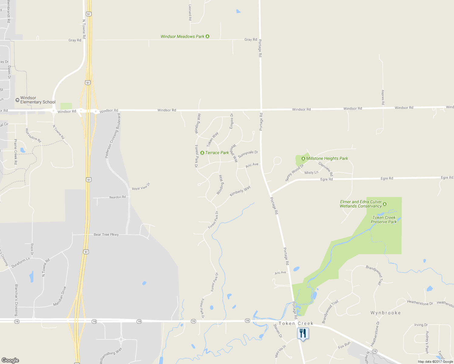 map of restaurants, bars, coffee shops, grocery stores, and more near 6566 Winding Way in DeForest