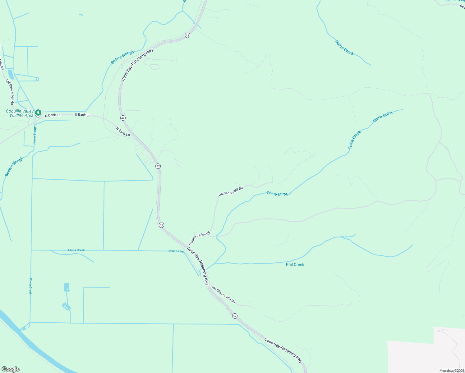map of restaurants, bars, coffee shops, grocery stores, and more near 58492 Garden Valley Road in Coquille