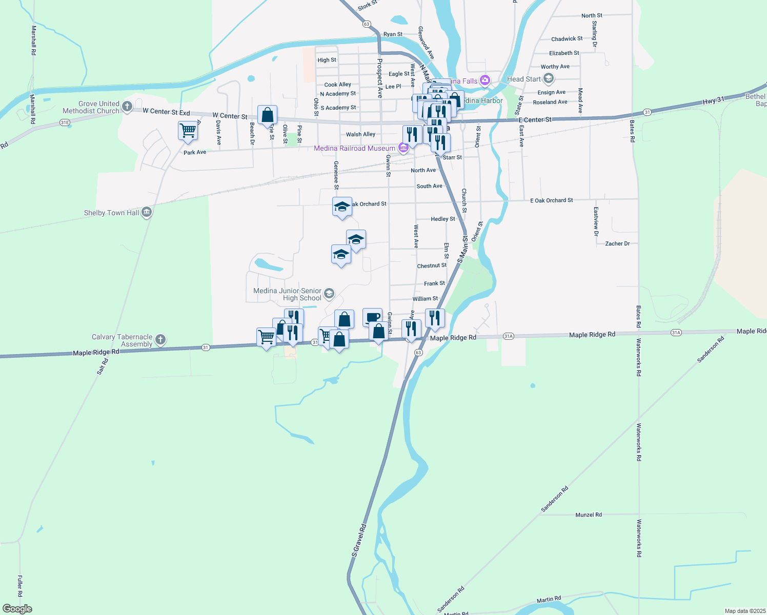 map of restaurants, bars, coffee shops, grocery stores, and more near 1070 Gwinn Street in Medina