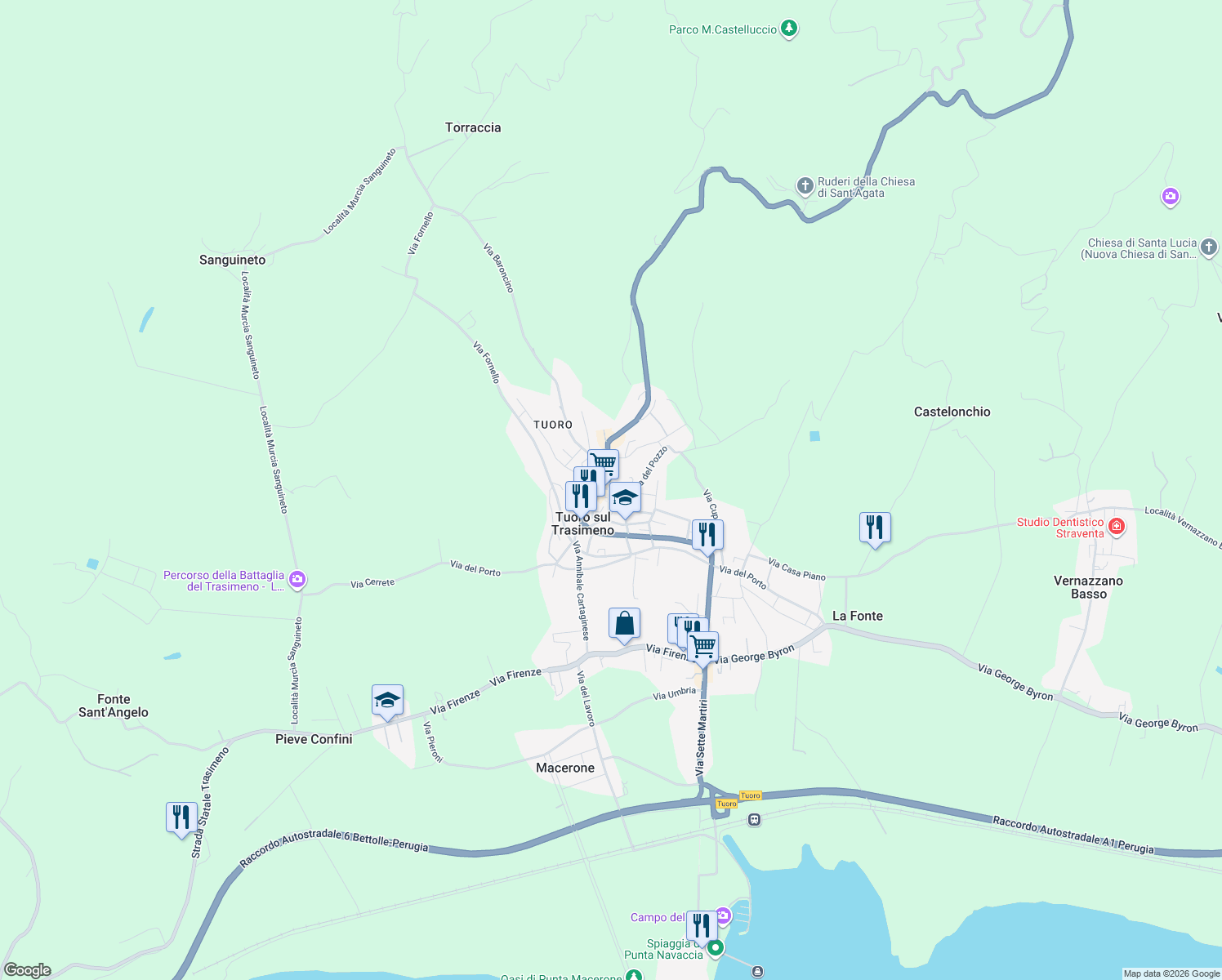 map of restaurants, bars, coffee shops, grocery stores, and more near 4 Via Baroncino in Tuoro Sul Trasimeno