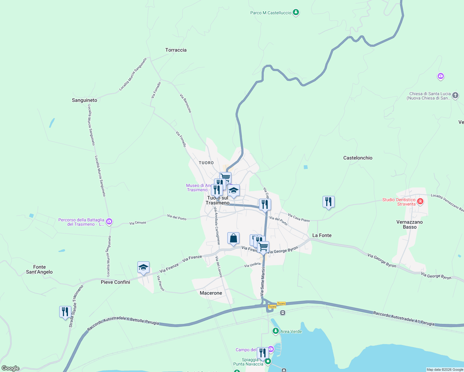 map of restaurants, bars, coffee shops, grocery stores, and more near 4 Via Baroncino in Tuoro Sul Trasimeno