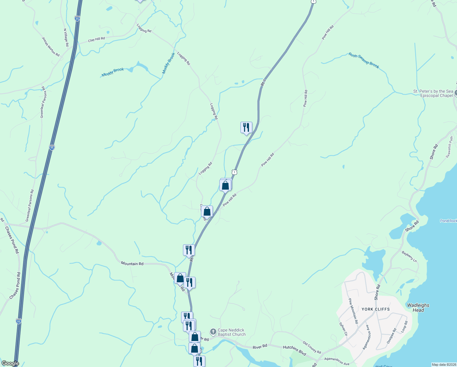 map of restaurants, bars, coffee shops, grocery stores, and more near 1742 U.S. 1 in York