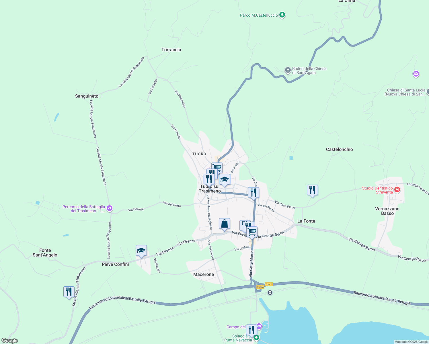 map of restaurants, bars, coffee shops, grocery stores, and more near 4 Via Baroncino in Tuoro Sul Trasimeno