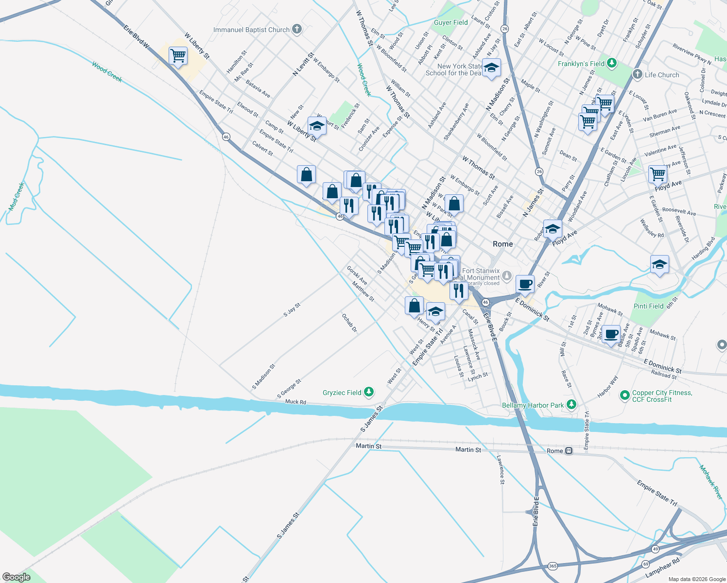 map of restaurants, bars, coffee shops, grocery stores, and more near 398 Matthew St in Rome