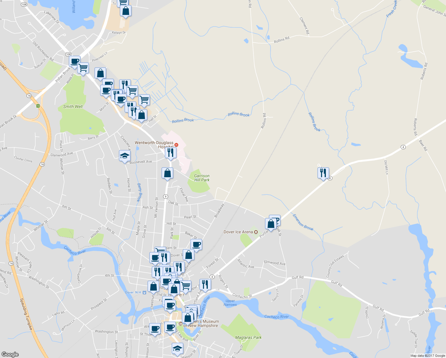 map of restaurants, bars, coffee shops, grocery stores, and more near 15 Highland Avenue in Rollinsford