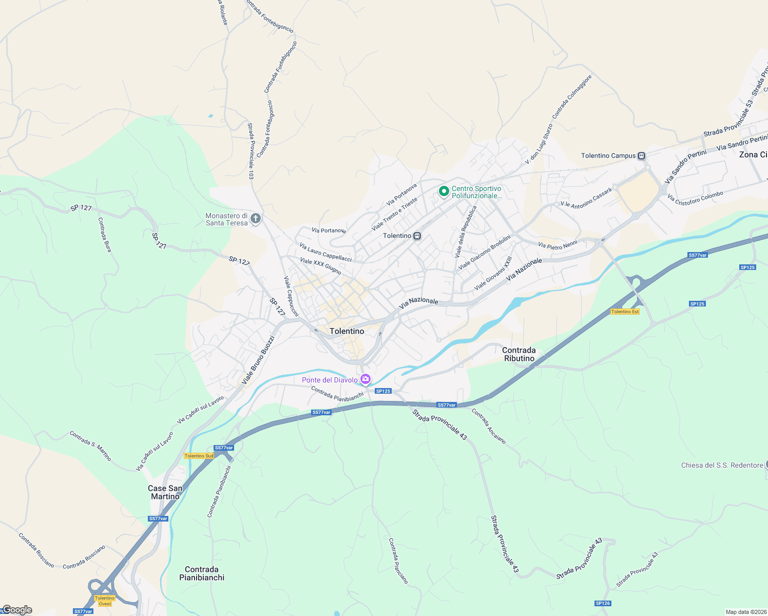 map of restaurants, bars, coffee shops, grocery stores, and more near 15 Viale Cesare Battisti in Tolentino
