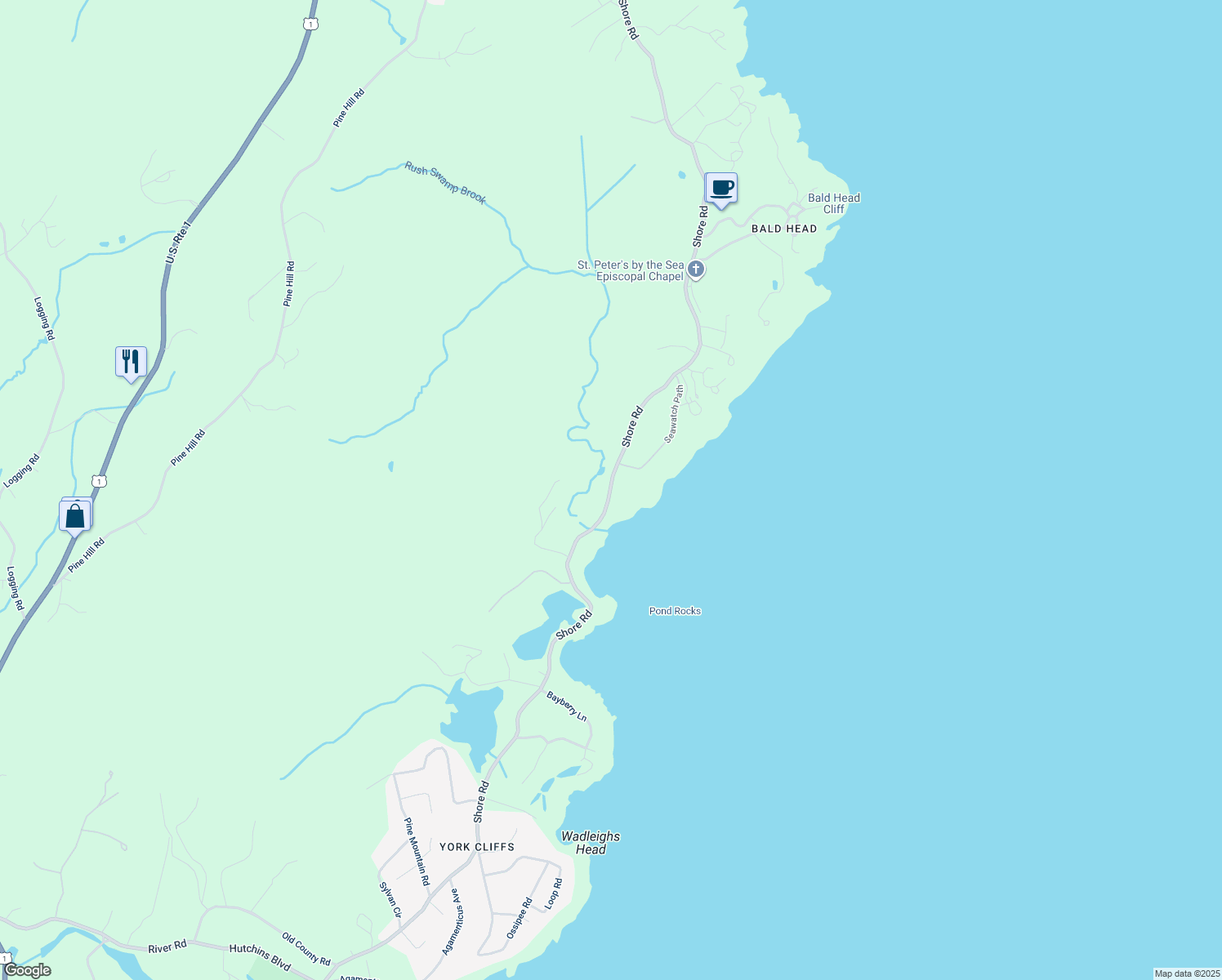map of restaurants, bars, coffee shops, grocery stores, and more near 414 Shore Road in York