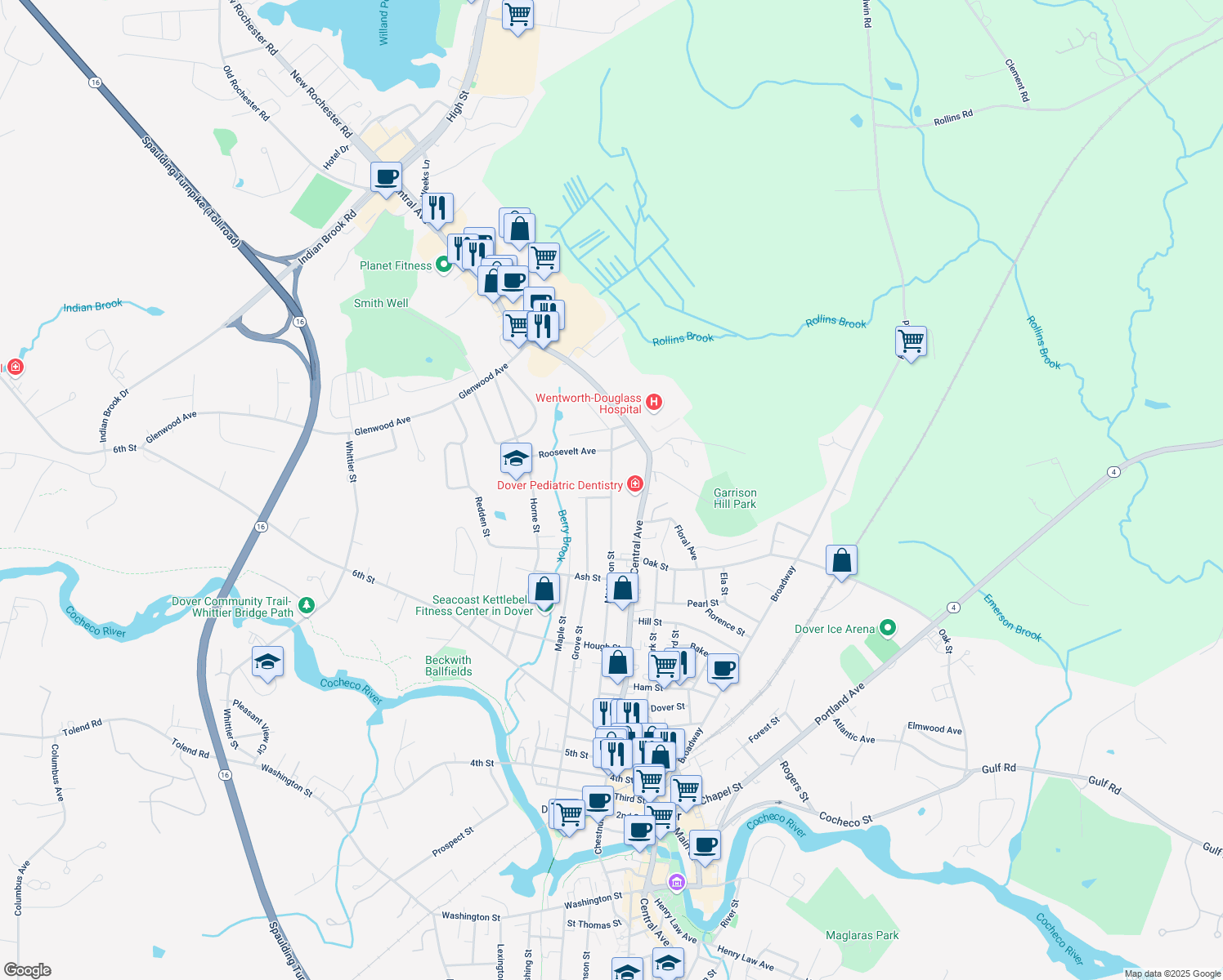 map of restaurants, bars, coffee shops, grocery stores, and more near 122 Mount Vernon Street in Dover