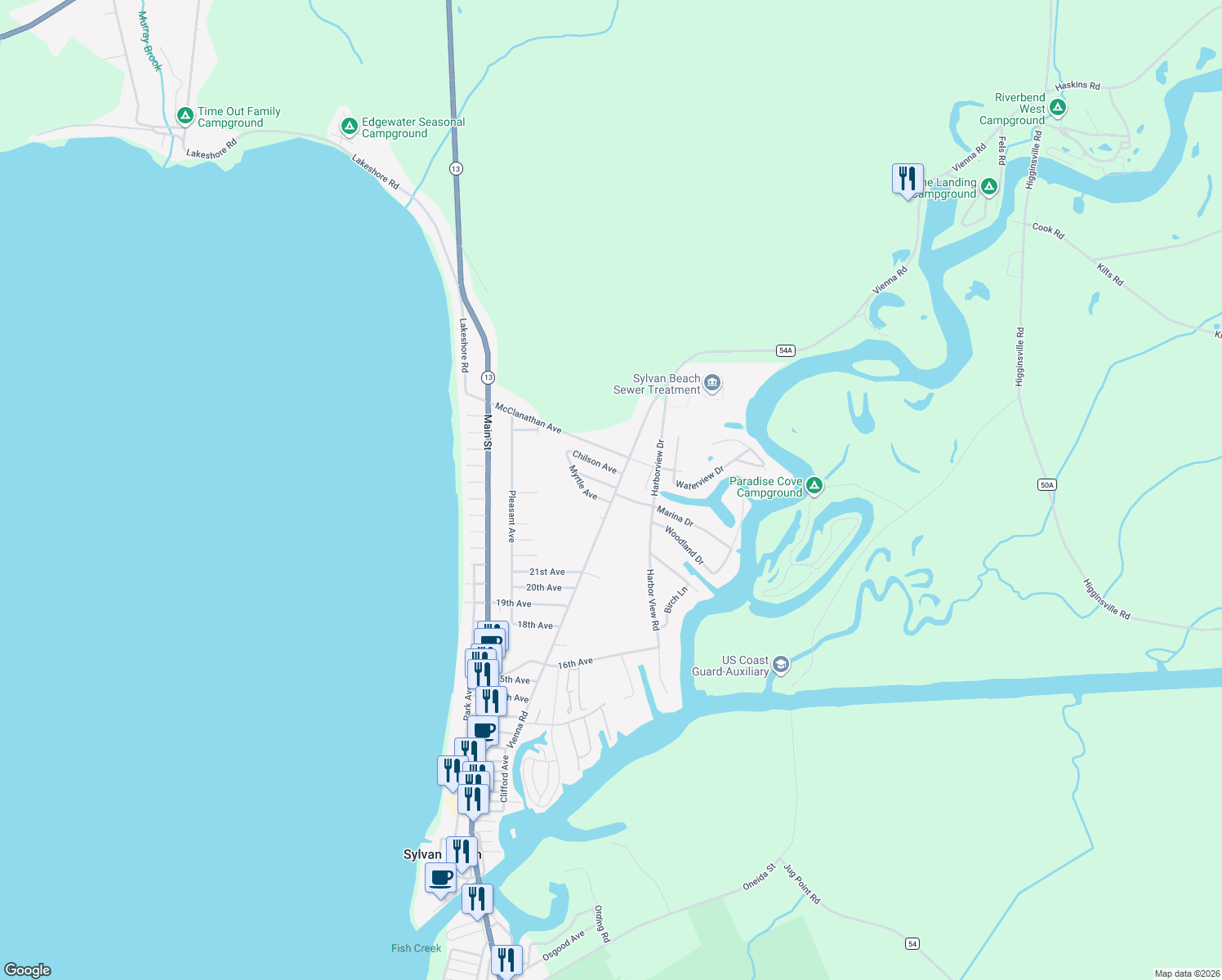 map of restaurants, bars, coffee shops, grocery stores, and more near 2501 Vienna Road in Blossvale