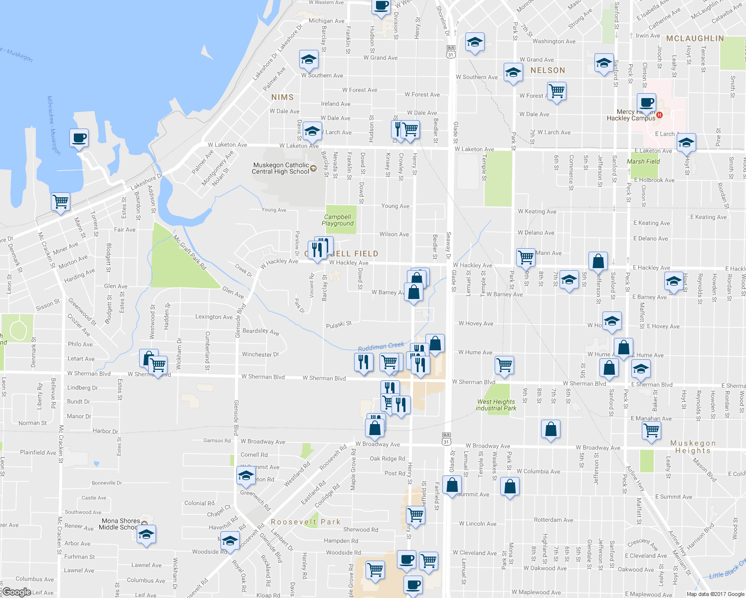 map of restaurants, bars, coffee shops, grocery stores, and more near 2315 Hudson Street in Muskegon
