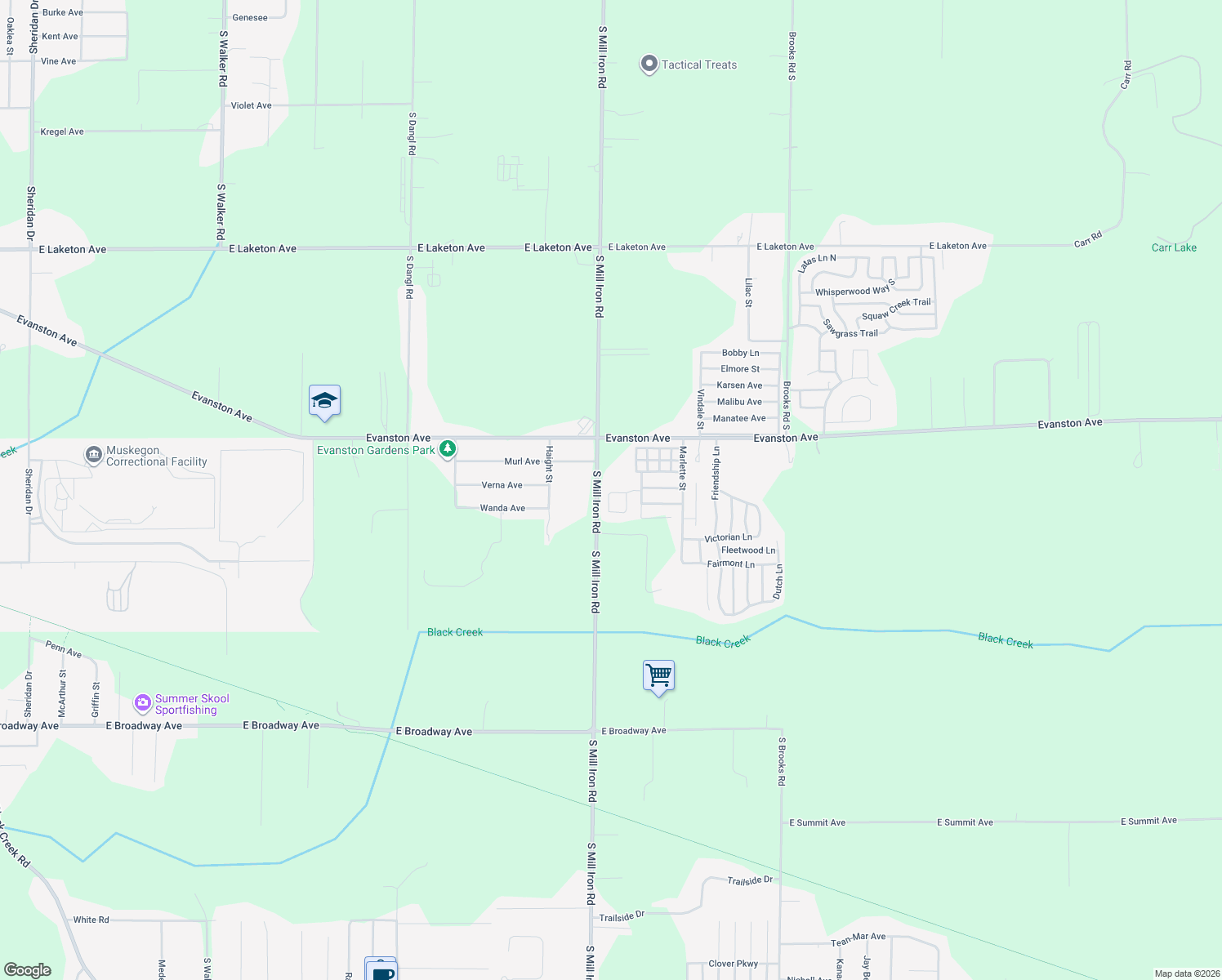 map of restaurants, bars, coffee shops, grocery stores, and more near 3635 Easy Circle in Muskegon