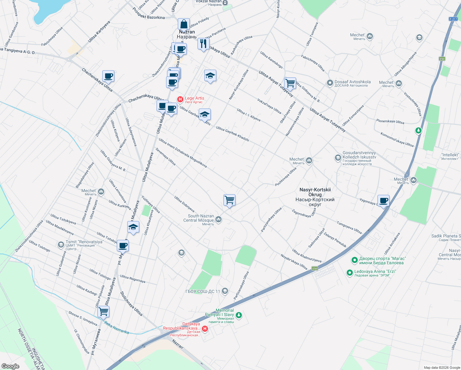 map of restaurants, bars, coffee shops, grocery stores, and more near in Nazran