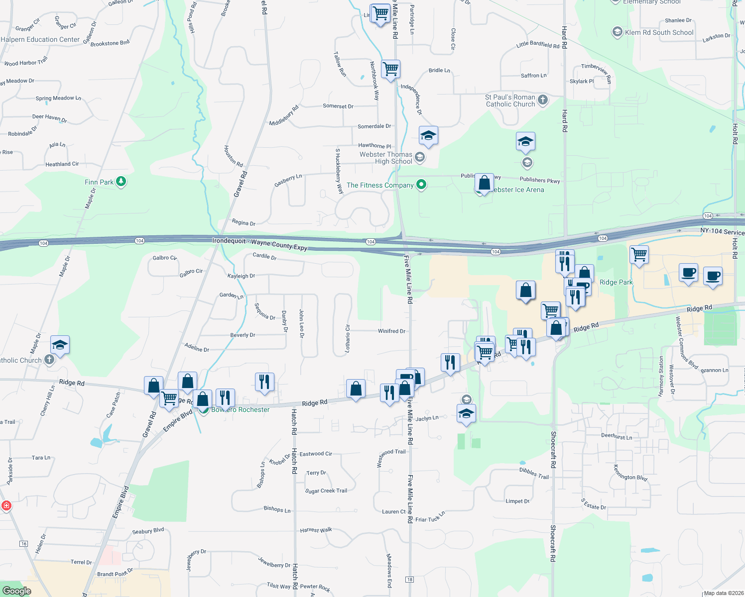 map of restaurants, bars, coffee shops, grocery stores, and more near 951 Gaywood Lane in Webster