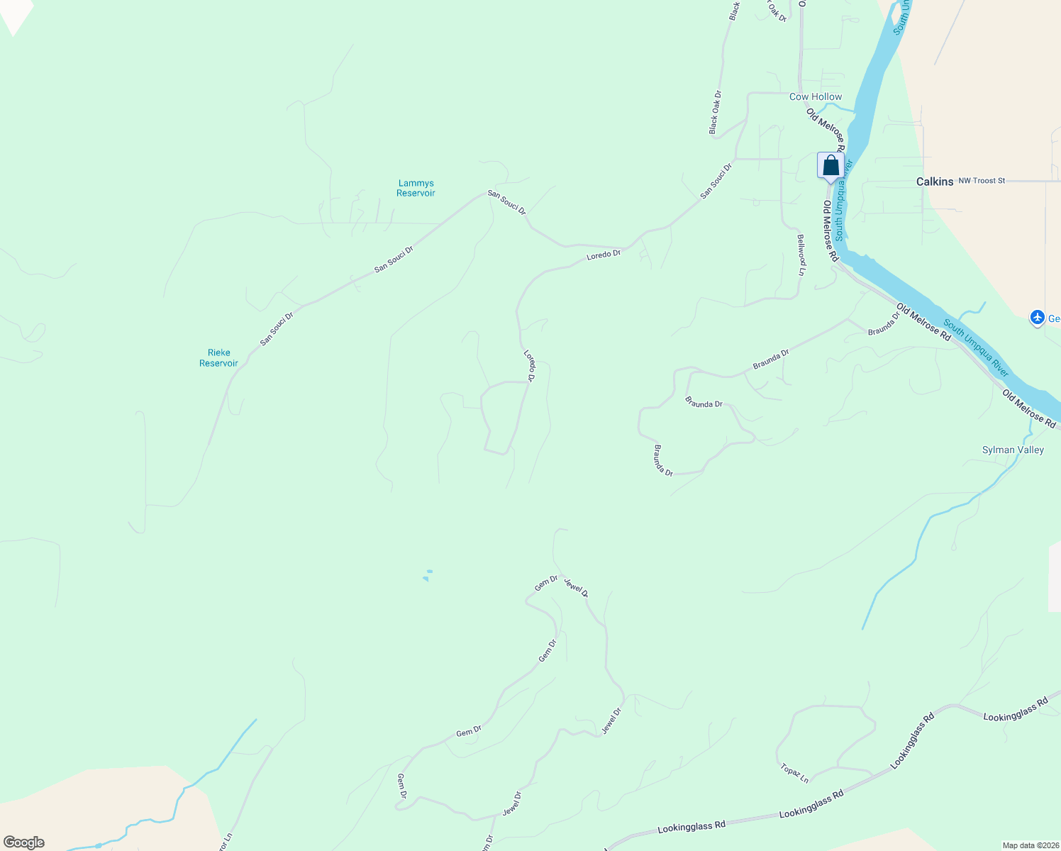 map of restaurants, bars, coffee shops, grocery stores, and more near 345 Sierra Drive in Roseburg