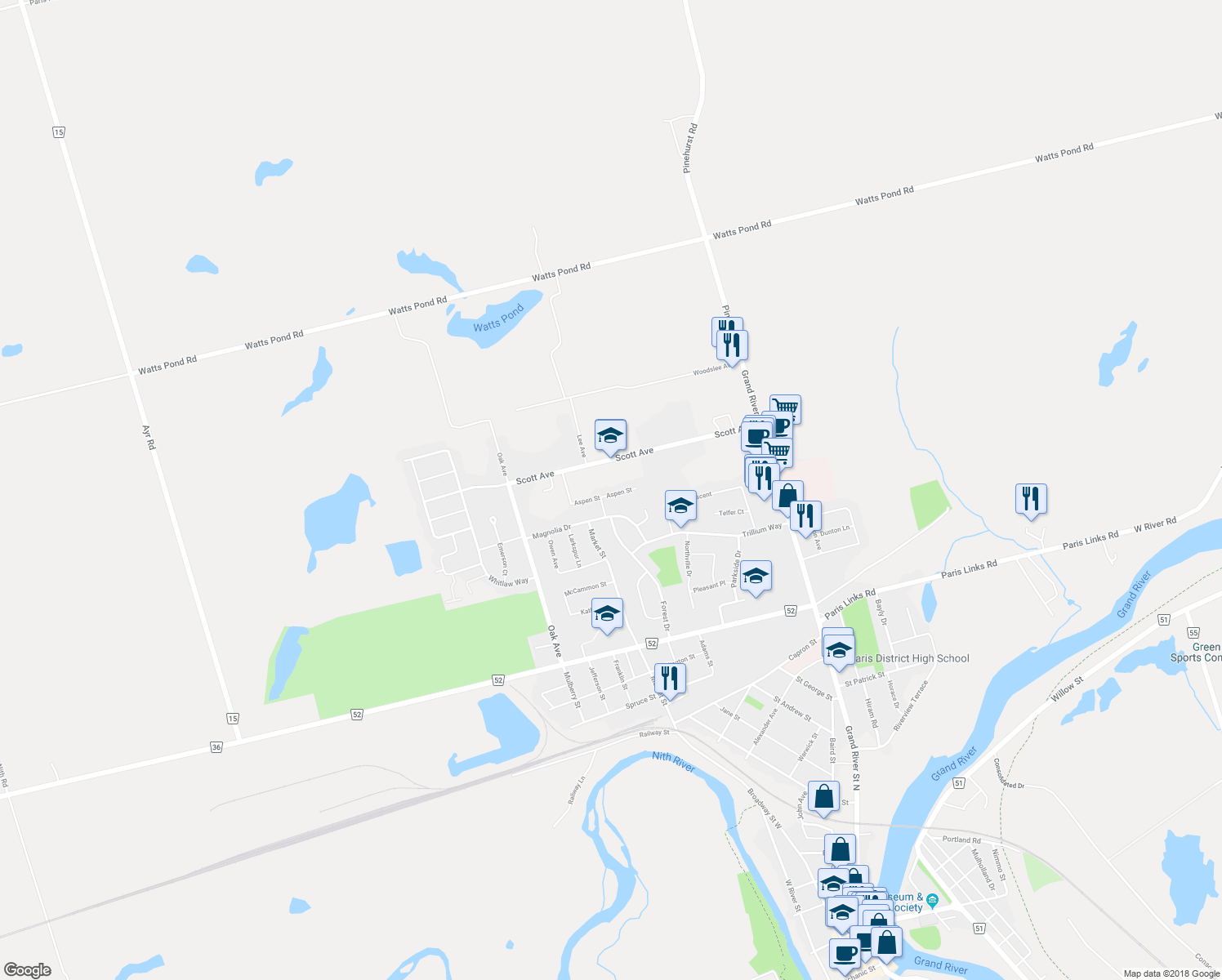 map of restaurants, bars, coffee shops, grocery stores, and more near 133 Aspen Street in Brant
