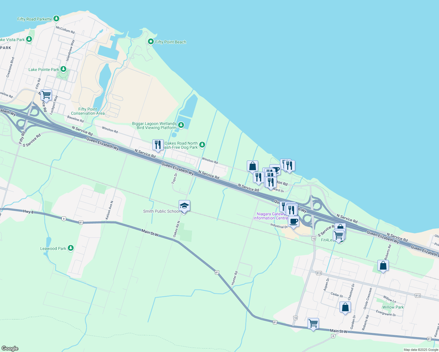 map of restaurants, bars, coffee shops, grocery stores, and more near Queen Elizabeth Way in Grimsby
