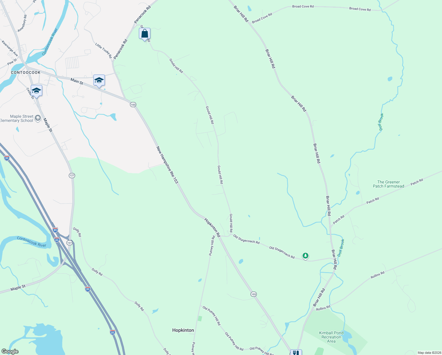 map of restaurants, bars, coffee shops, grocery stores, and more near 257 Gould Hill Road in Hopkinton