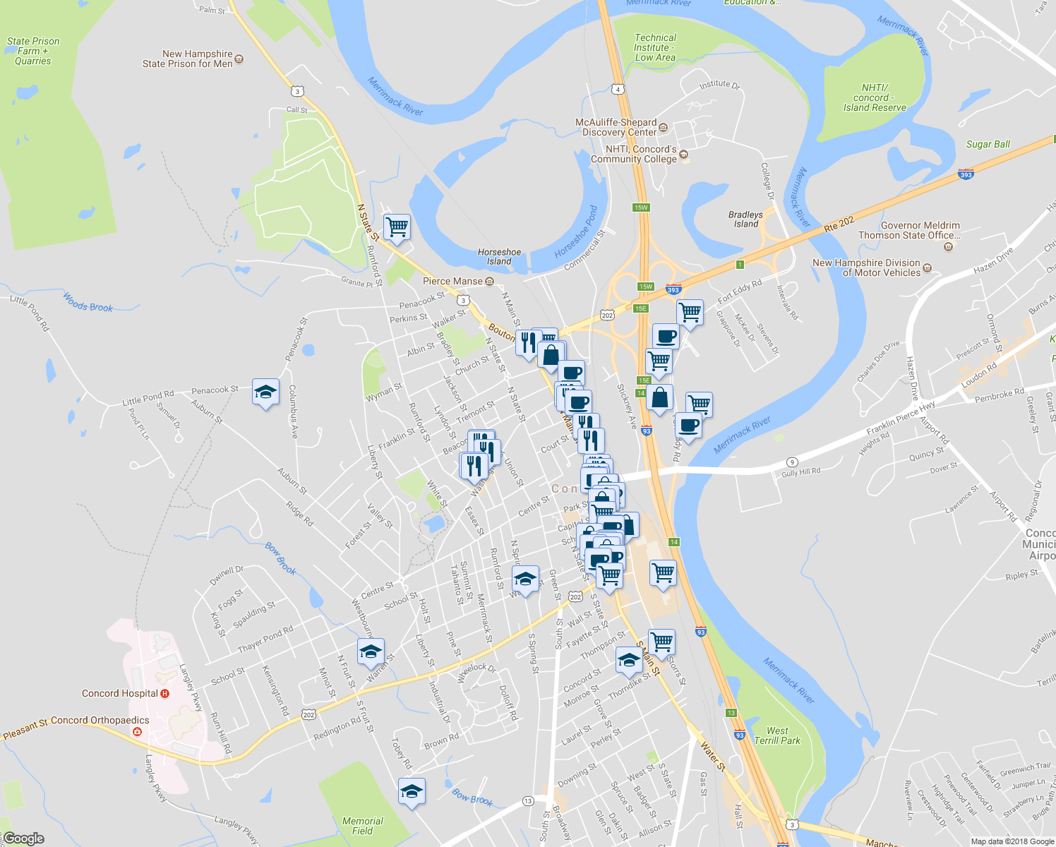 map of restaurants, bars, coffee shops, grocery stores, and more near 105 North State Street in Concord