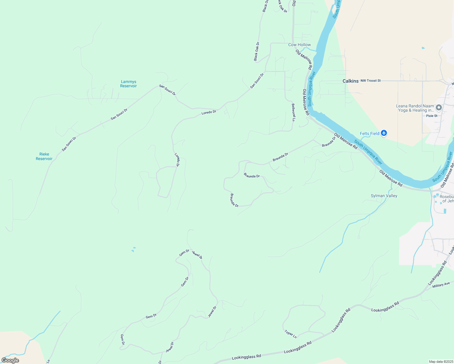 map of restaurants, bars, coffee shops, grocery stores, and more near 1086 Braunda Drive in Roseburg