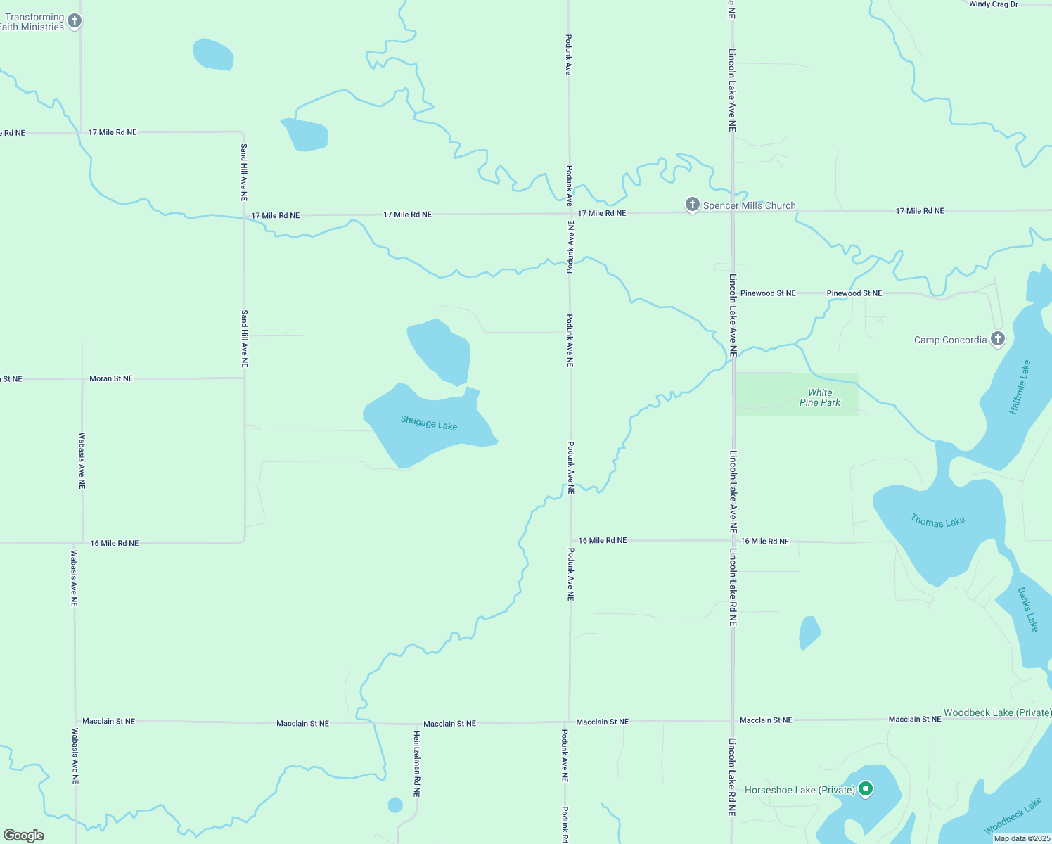 map of restaurants, bars, coffee shops, grocery stores, and more near 13503 Podunk Avenue Northeast in Cedar Springs