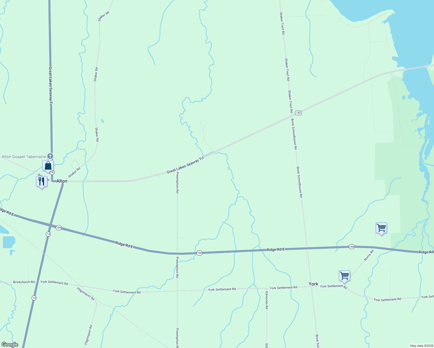 map of restaurants, bars, coffee shops, grocery stores, and more near 8960 Ridge Road in North Rose