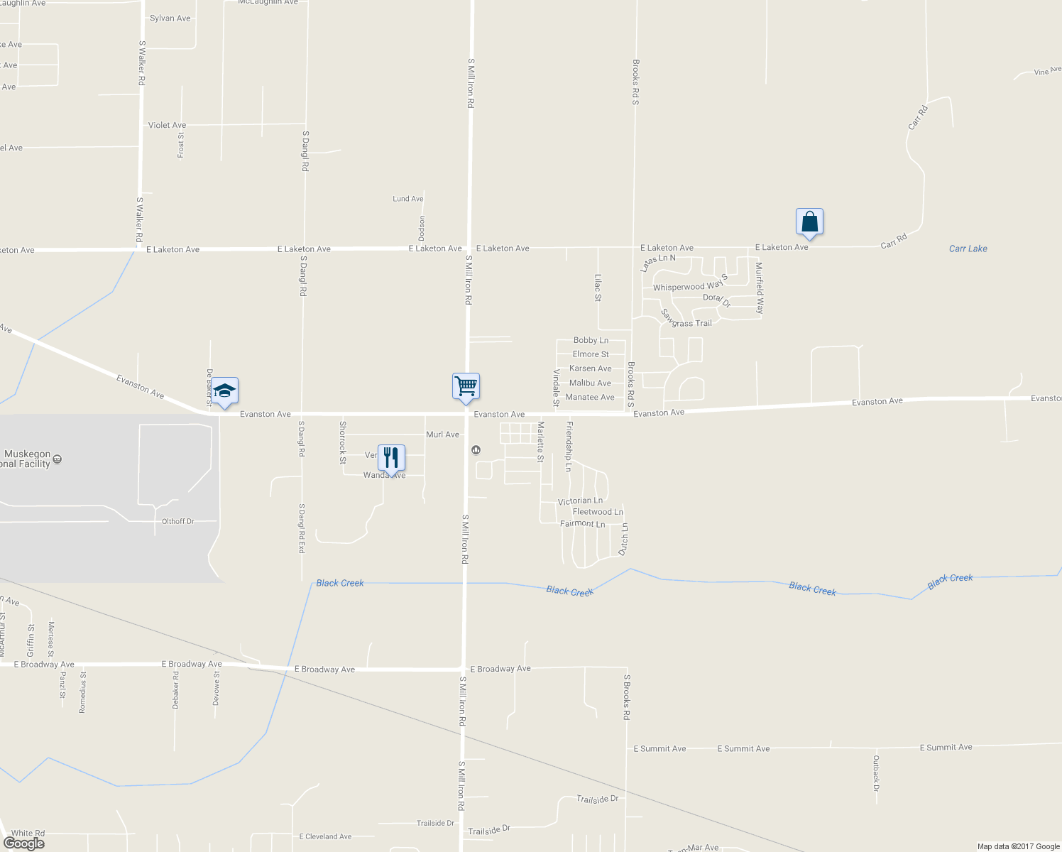 map of restaurants, bars, coffee shops, grocery stores, and more near 2231 Schult Street in Muskegon