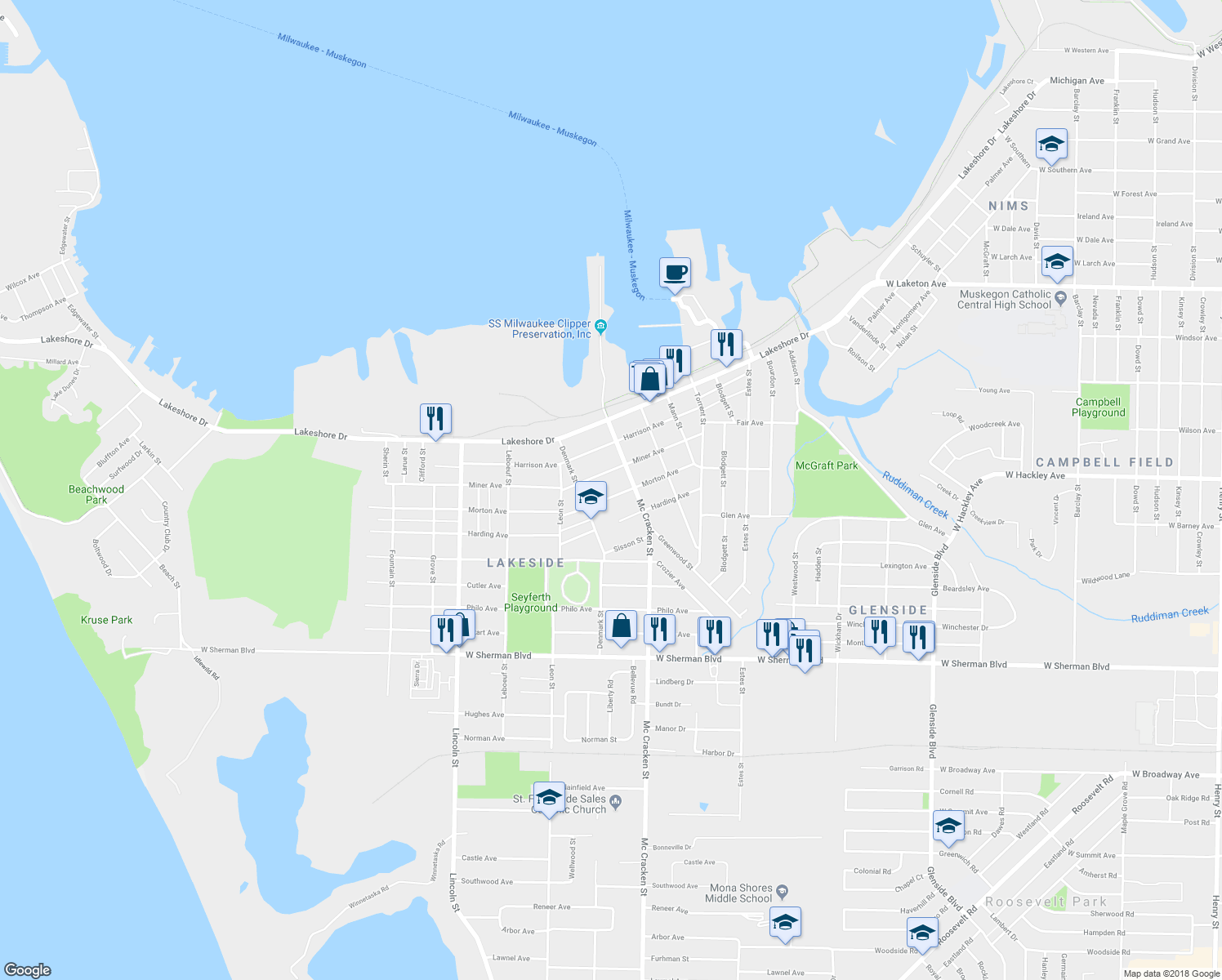 map of restaurants, bars, coffee shops, grocery stores, and more near 2084 Morton Avenue in Muskegon