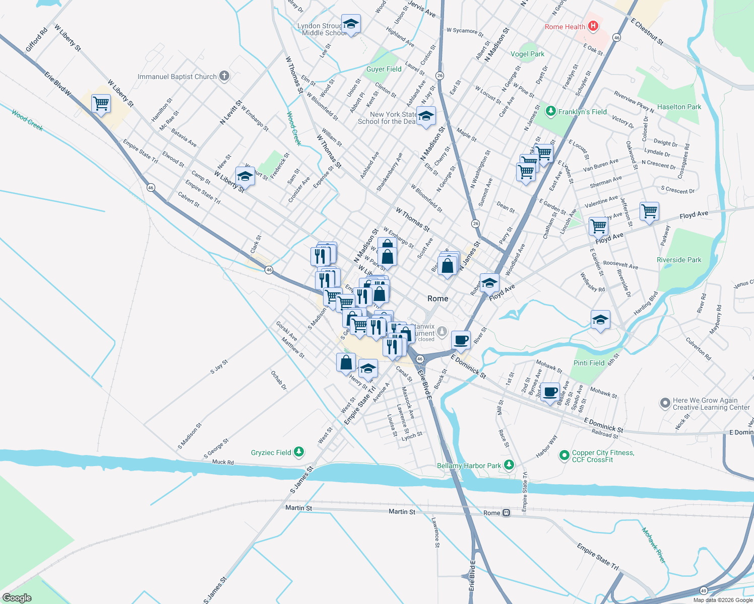 map of restaurants, bars, coffee shops, grocery stores, and more near 14 West Dominick Street in Rome
