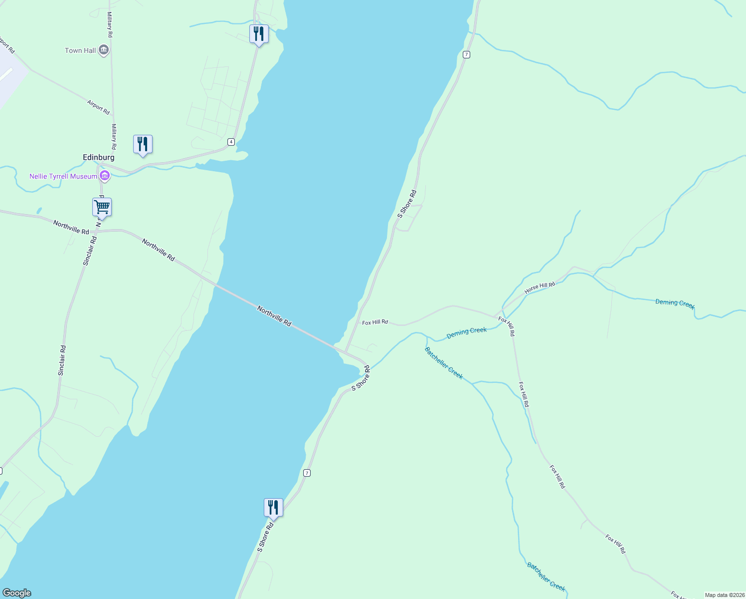 map of restaurants, bars, coffee shops, grocery stores, and more near 980 South Shore Road in Hadley