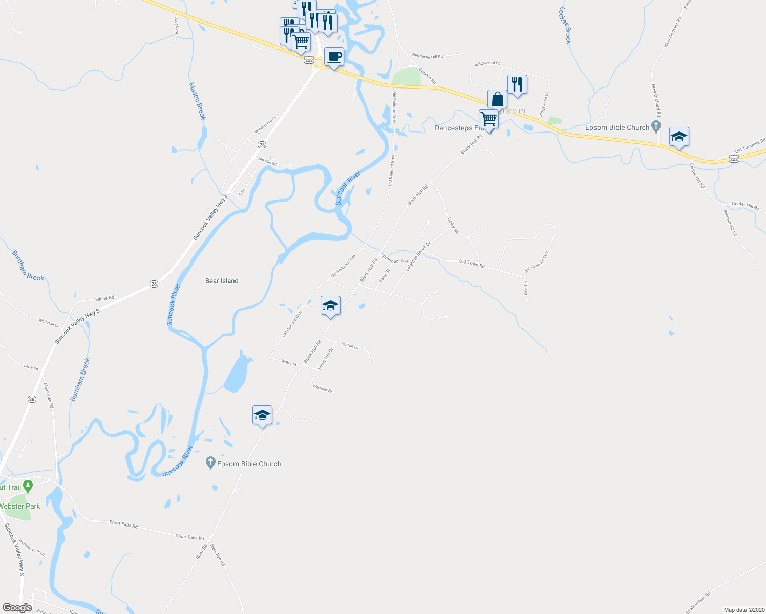 map of restaurants, bars, coffee shops, grocery stores, and more near 99 Leighton Brook Drive in Epsom