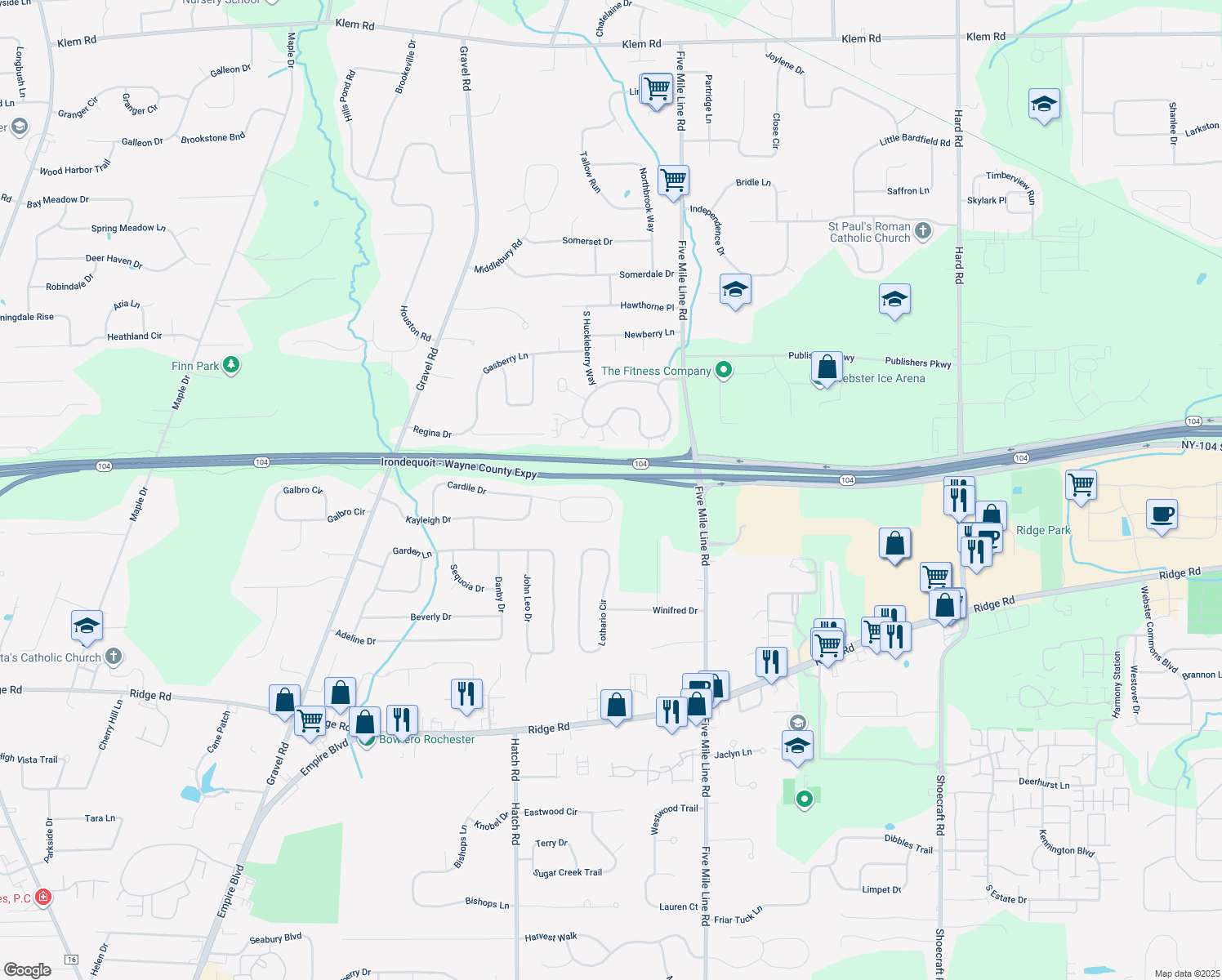 map of restaurants, bars, coffee shops, grocery stores, and more near 748 Patty Lane in Webster