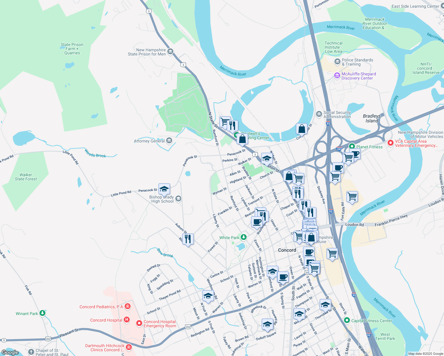 map of restaurants, bars, coffee shops, grocery stores, and more near 155 Rumford Street in Concord