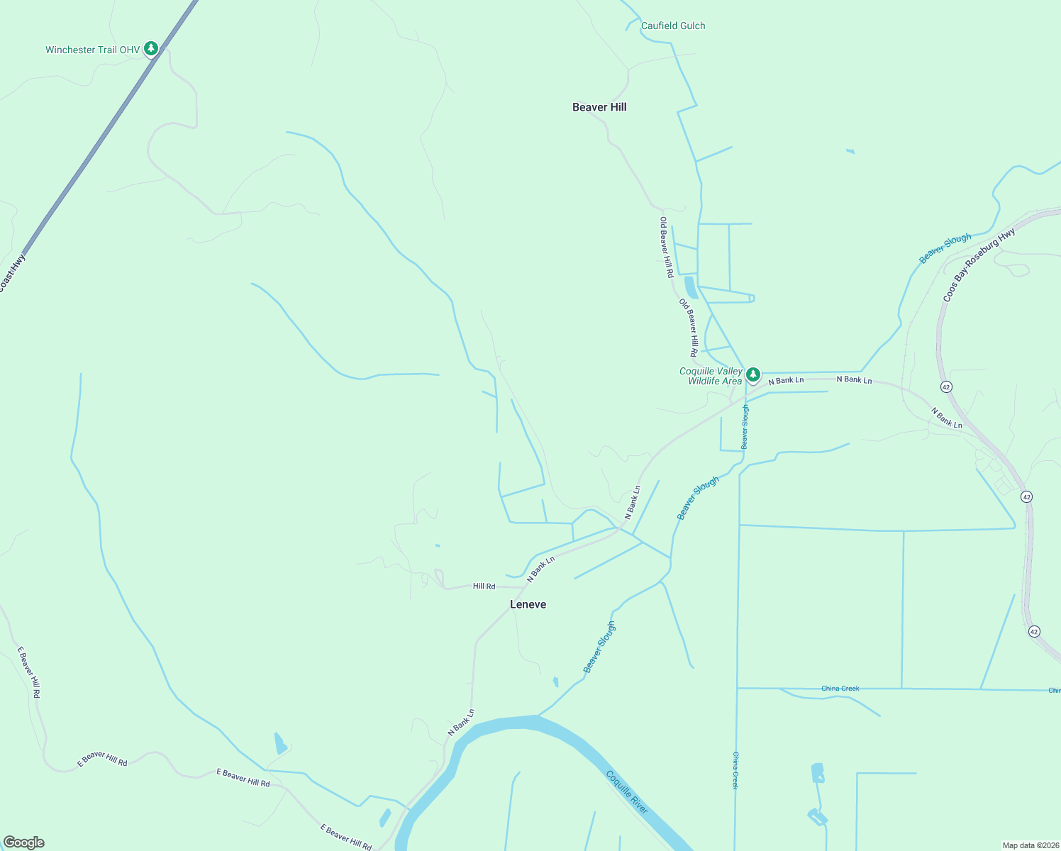 map of restaurants, bars, coffee shops, grocery stores, and more near Old Railroad Grade Road in Coquille