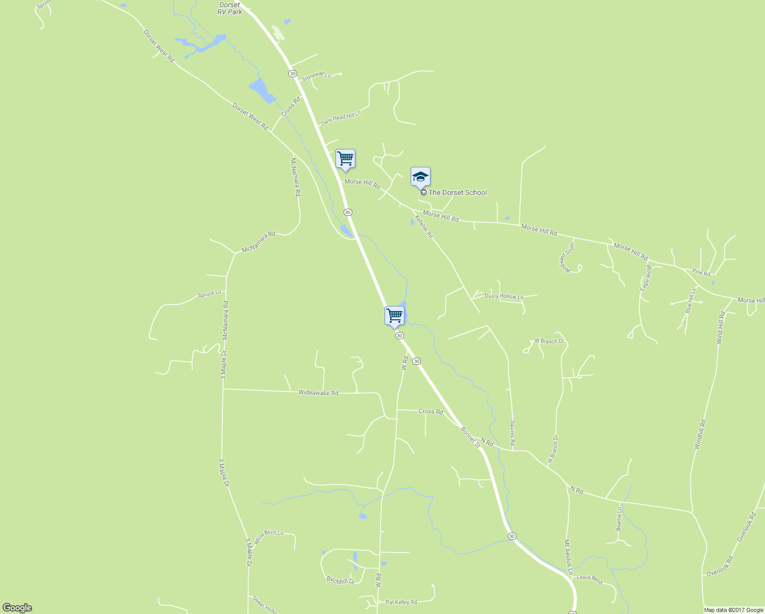 map of restaurants, bars, coffee shops, grocery stores, and more near 215 Vermont 30 in Dorset