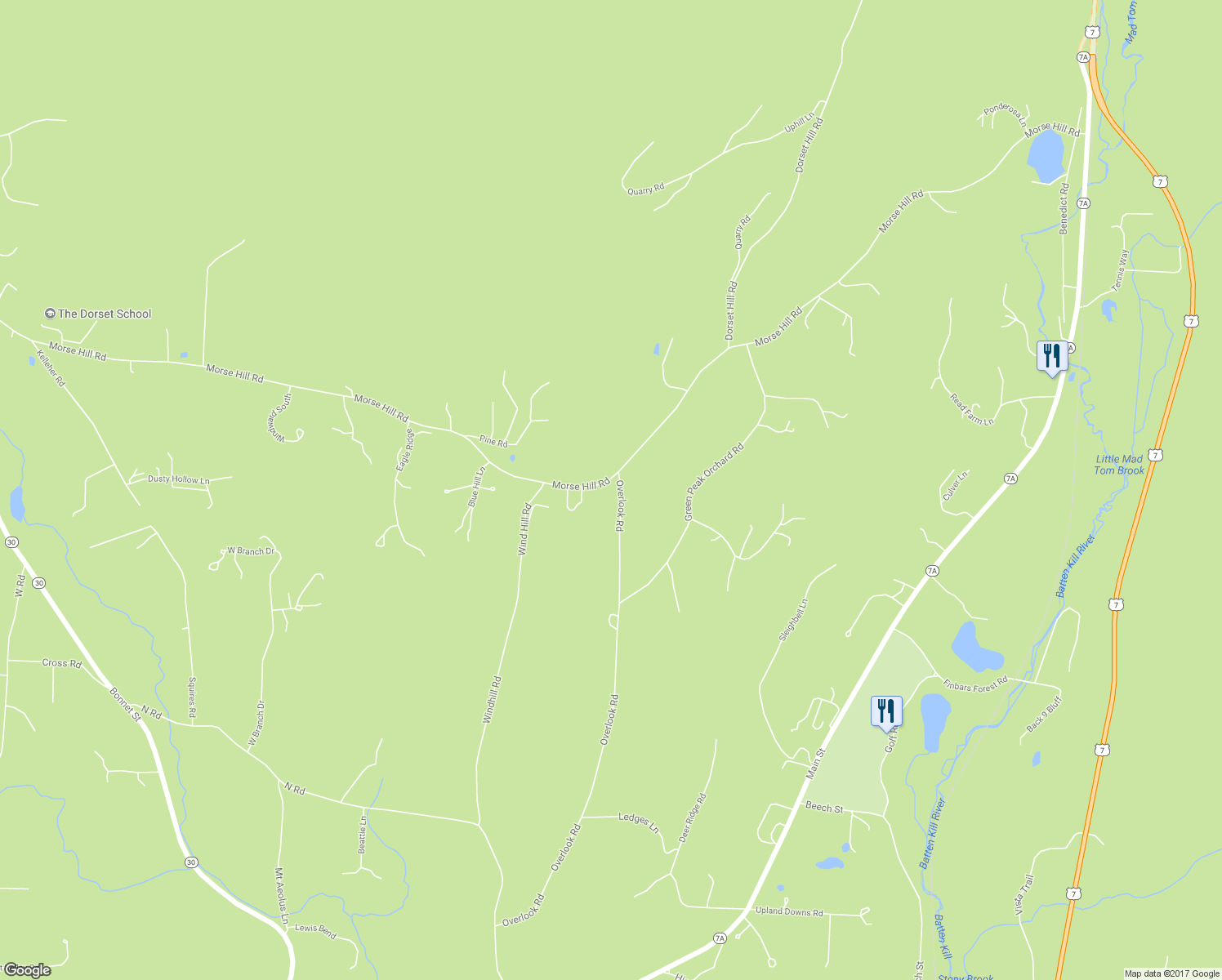 map of restaurants, bars, coffee shops, grocery stores, and more near 50 Overlook Road in Dorset