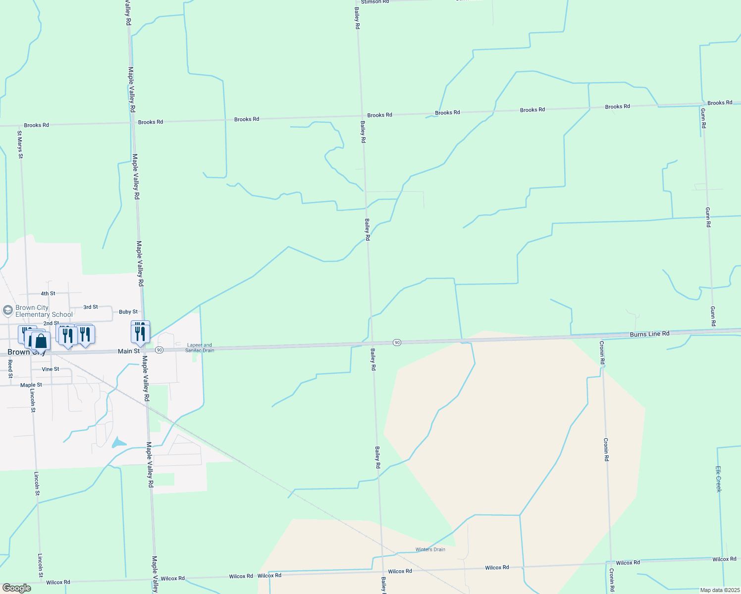 map of restaurants, bars, coffee shops, grocery stores, and more near 6901 Bailey Road in Brown City