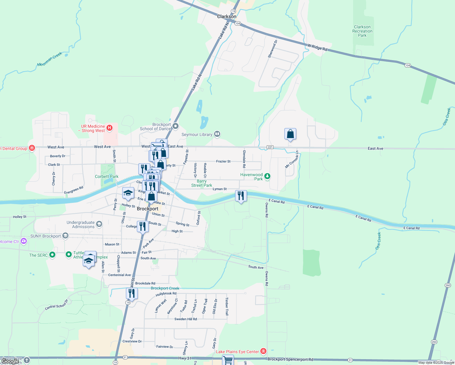 map of restaurants, bars, coffee shops, grocery stores, and more near 136 Barry Street in Brockport