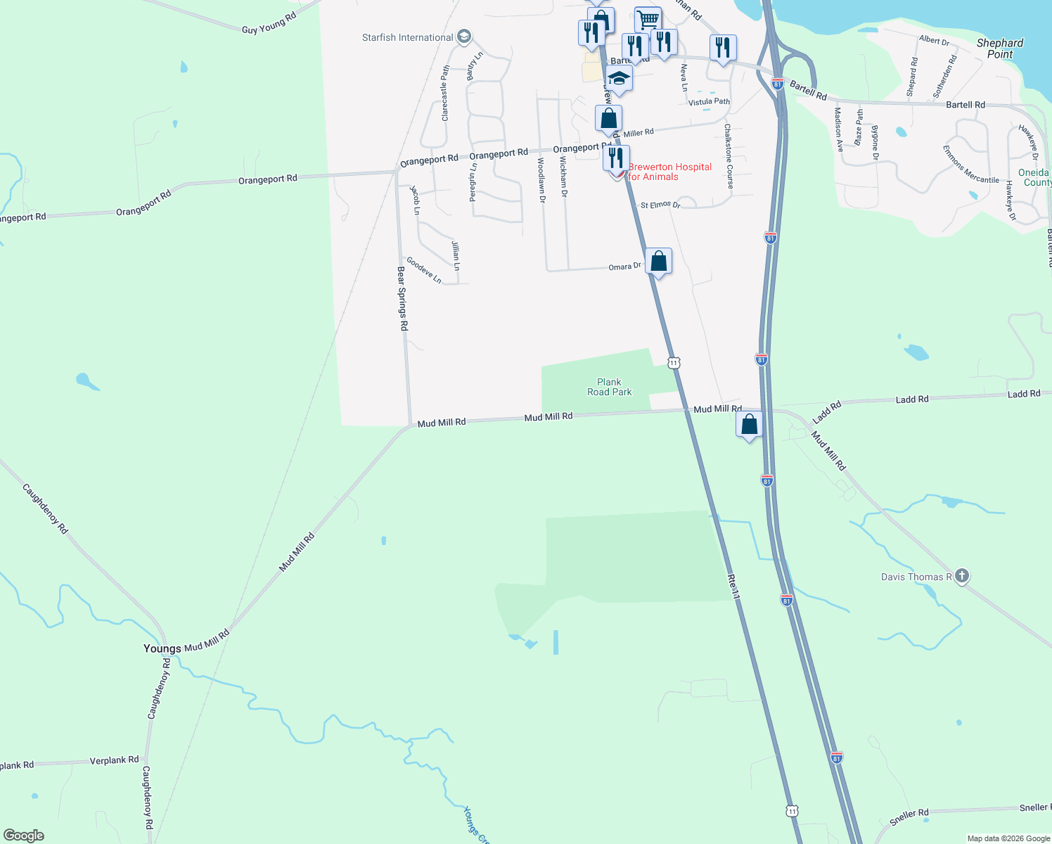 map of restaurants, bars, coffee shops, grocery stores, and more near 5412 Mud Mill Rd in Brewerton