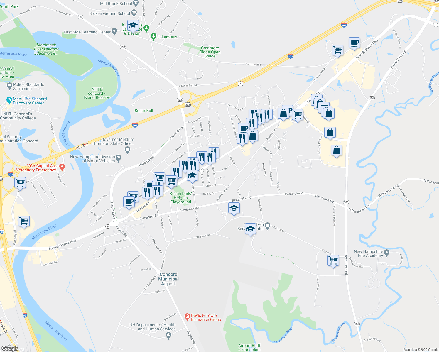 map of restaurants, bars, coffee shops, grocery stores, and more near 5 B Street in Concord