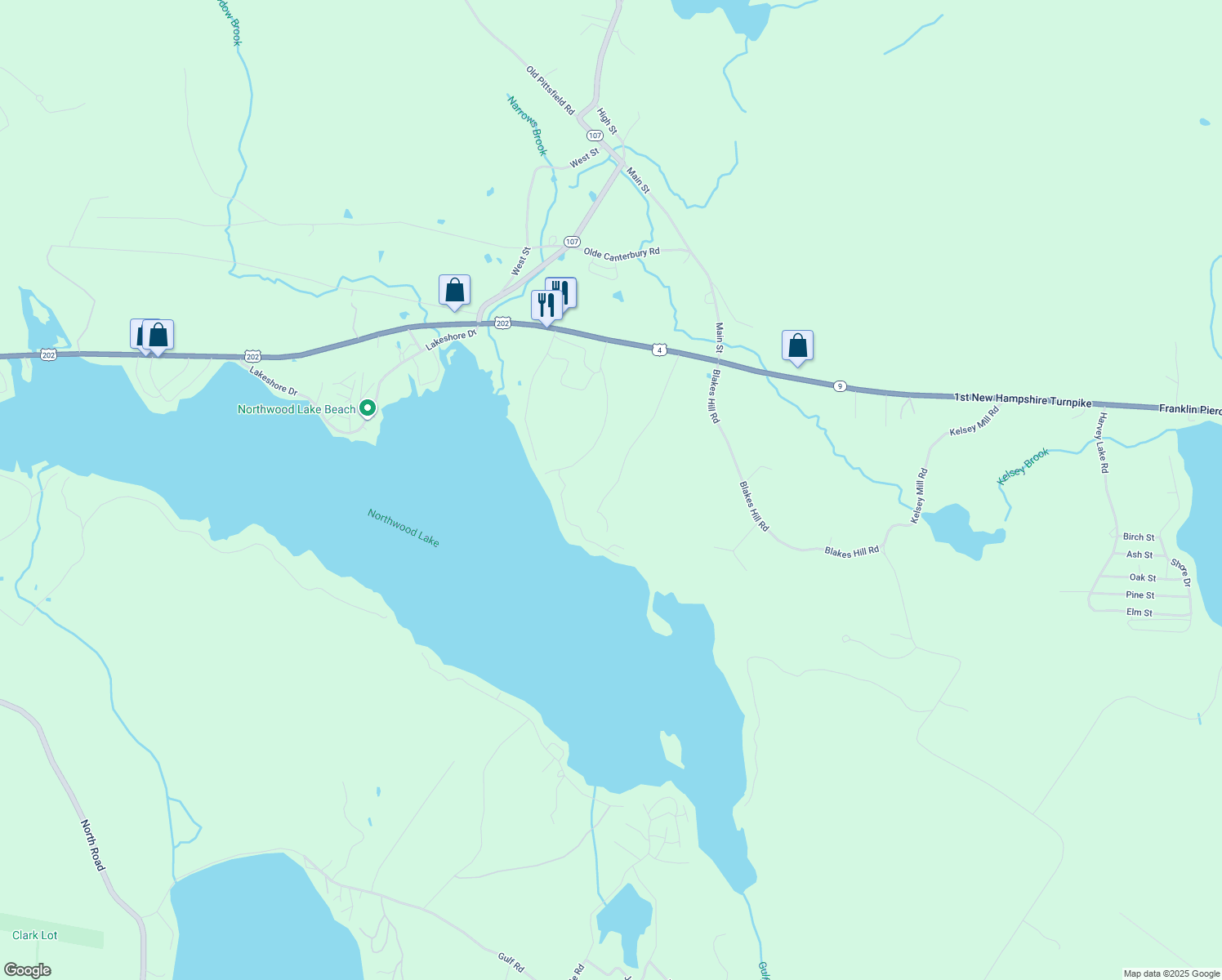 map of restaurants, bars, coffee shops, grocery stores, and more near 90 Denmark Drive in Northwood