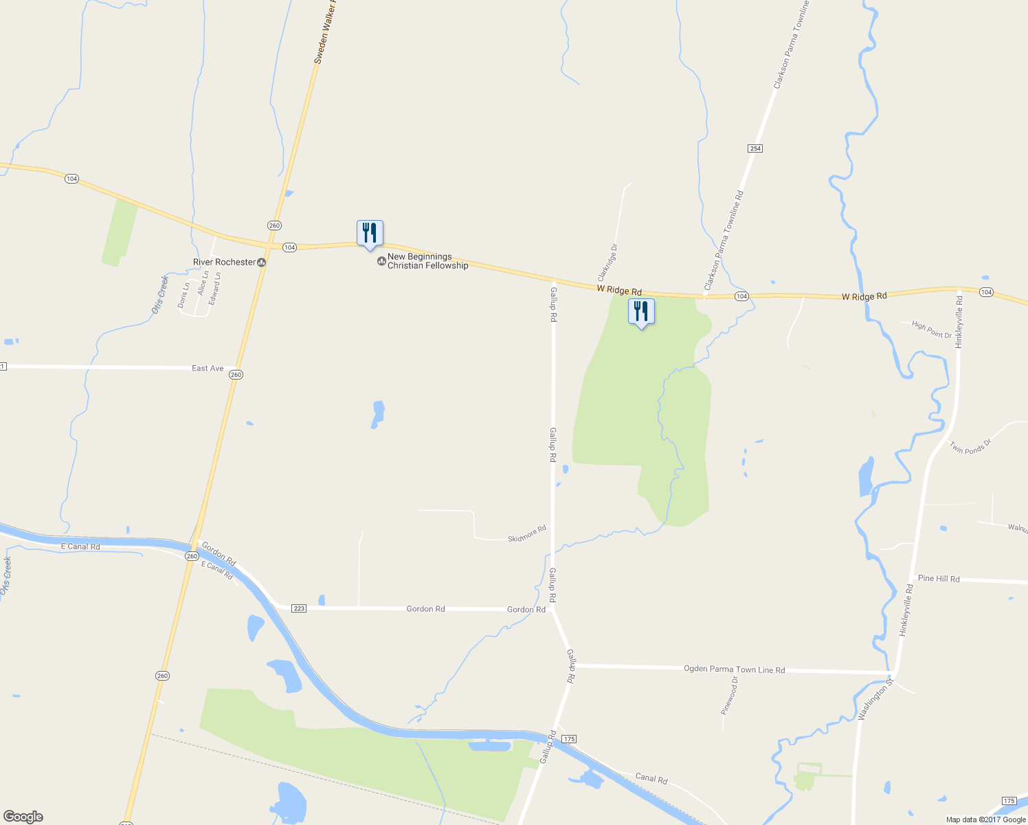 map of restaurants, bars, coffee shops, grocery stores, and more near 231 Gallup Road in Spencerport