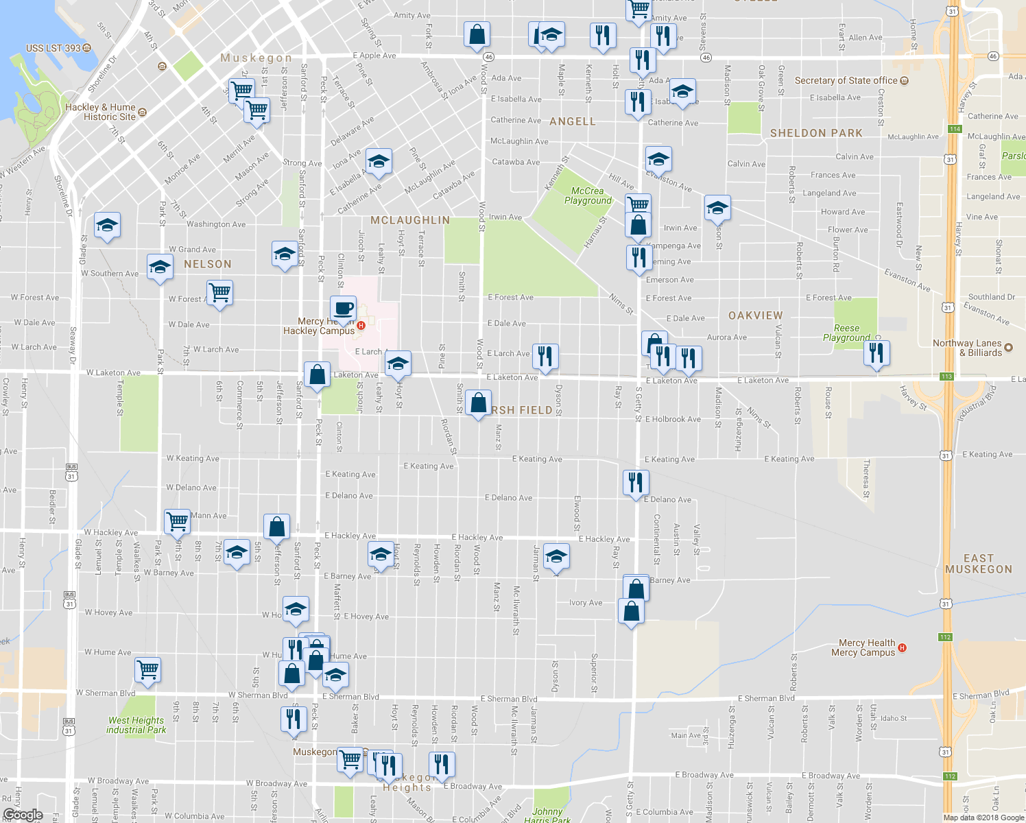 map of restaurants, bars, coffee shops, grocery stores, and more near 1885 Mc Ilwraith Street in Muskegon