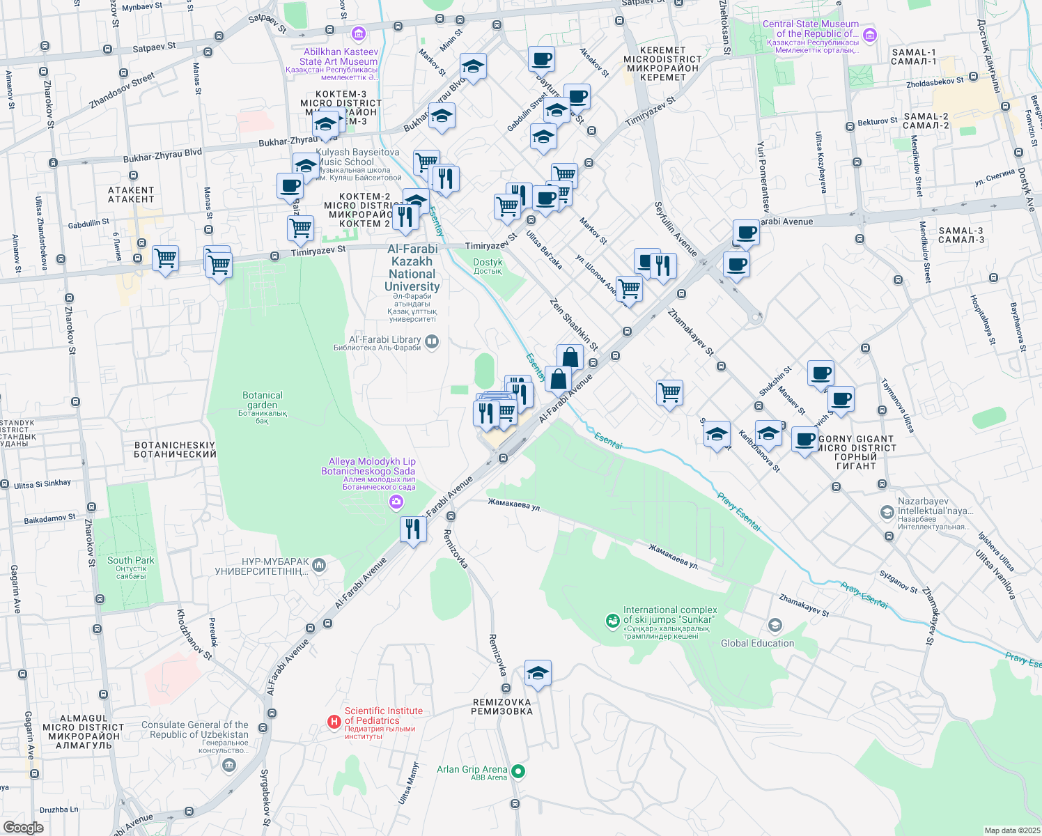 map of restaurants, bars, coffee shops, grocery stores, and more near 77/7 Al-Farabi Avenue in Almaty