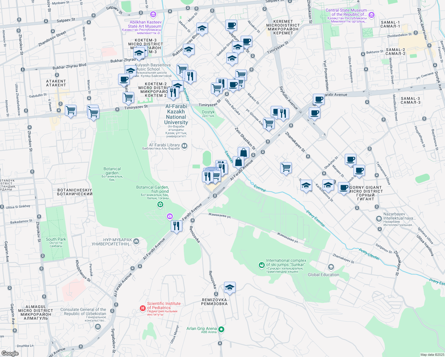 map of restaurants, bars, coffee shops, grocery stores, and more near 77/7 Al-Farabi Avenue in Almaty