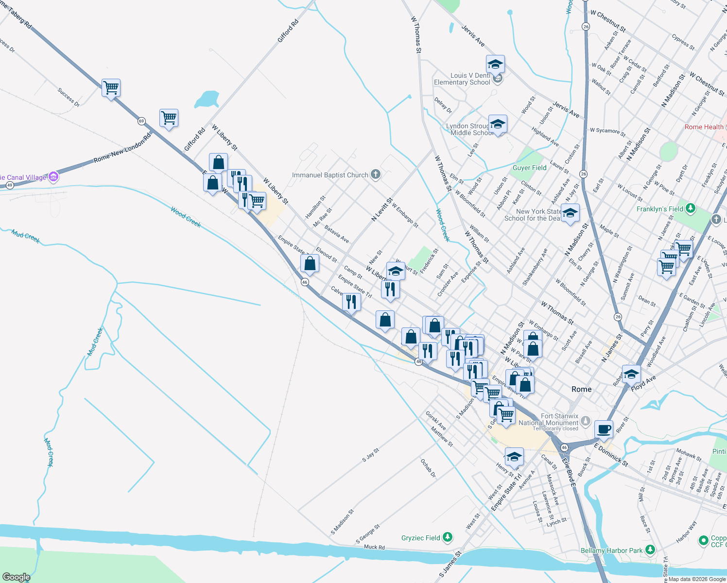 map of restaurants, bars, coffee shops, grocery stores, and more near 812 West Dominick Street in Rome