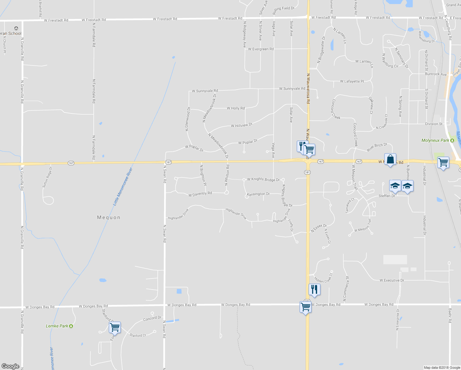 map of restaurants, bars, coffee shops, grocery stores, and more near 11018 North Whilton Road in Mequon