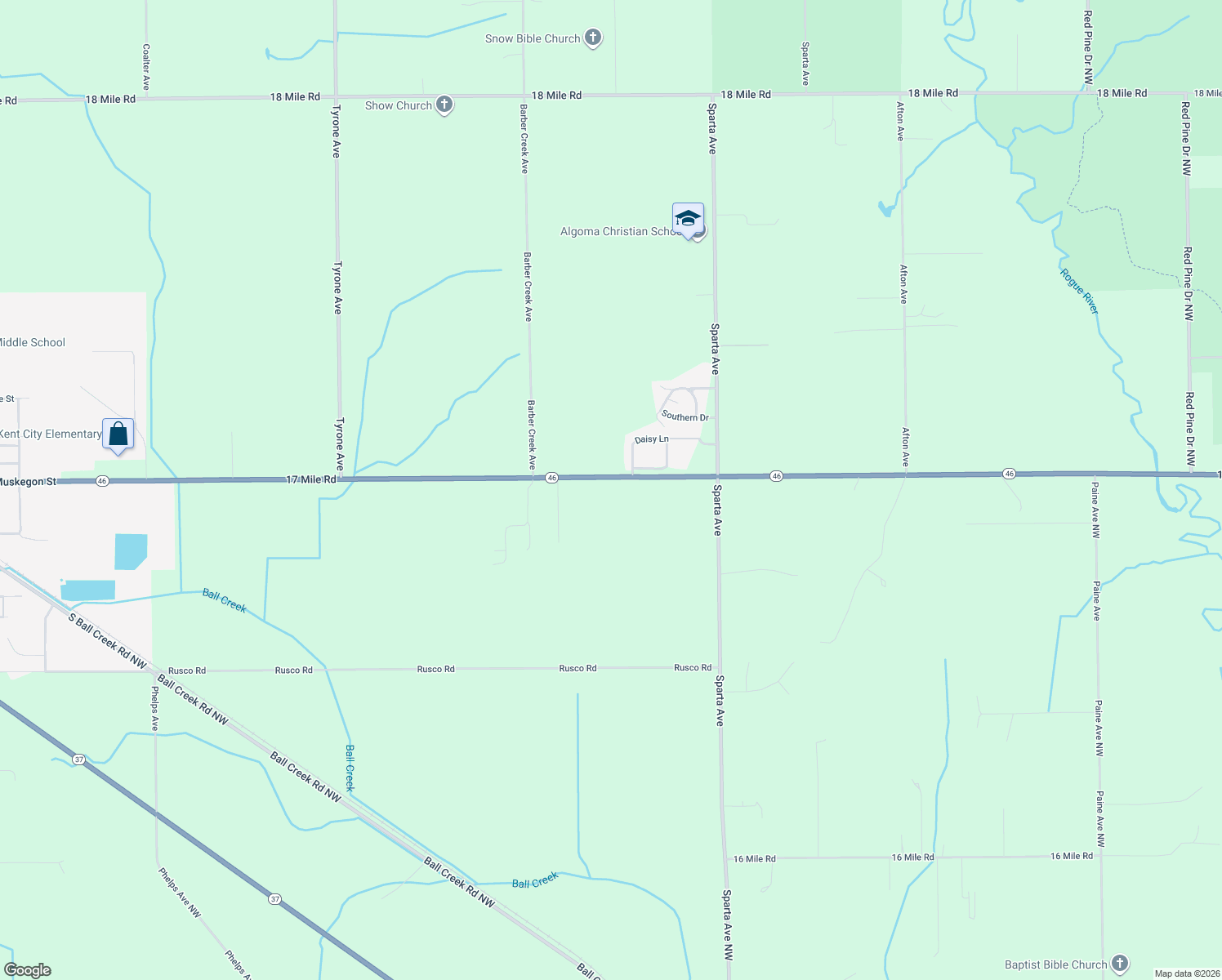 map of restaurants, bars, coffee shops, grocery stores, and more near 1820 17 Mile Rd in Kent City