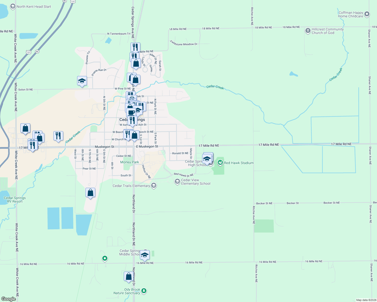 map of restaurants, bars, coffee shops, grocery stores, and more near 389 Ronald Street Northeast in Cedar Springs